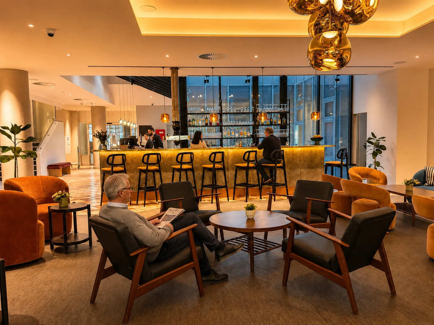 Siddegruppe i Egon Lounge med baren i baggrunden